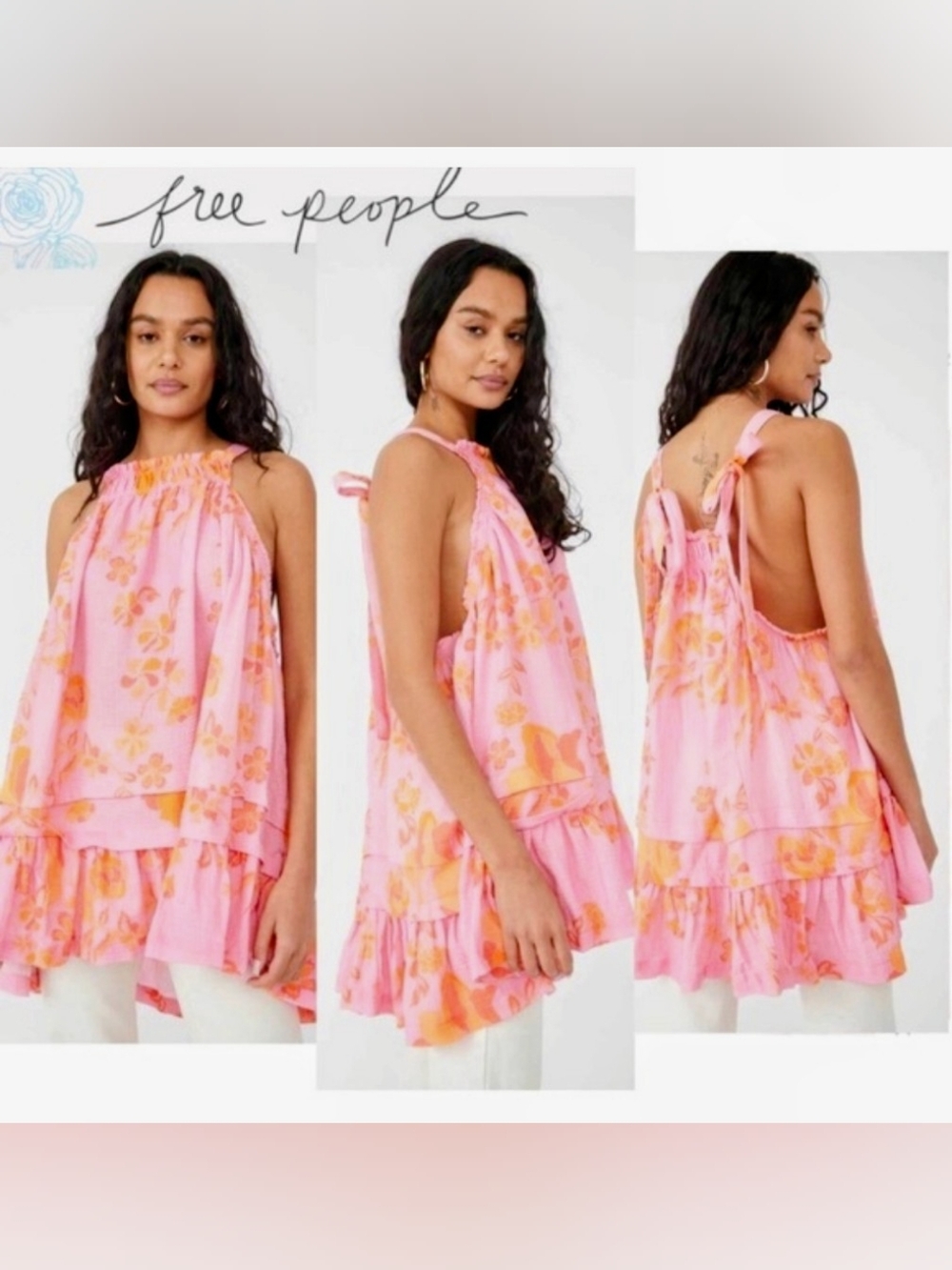 Free People Fleur 🪷 Printed Tunic Top Dress Pink & Orange XL